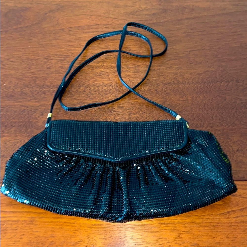 Whiting & Davis Black Sequin Evening Clutch with Strap